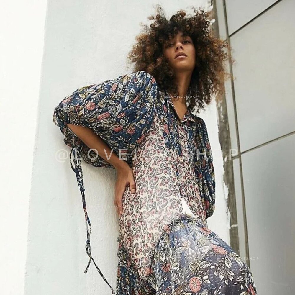 Bohemian | Free People Western Floral Maxi Dress | CottageCore Prairie Blue NWT - Picture 5 of 5